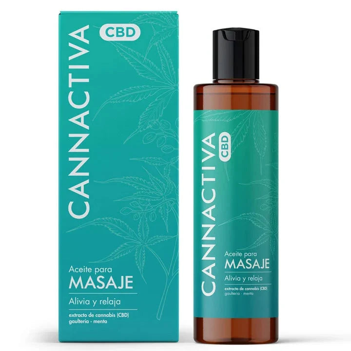 Flasche und Faltschachtel eines CBD Massageöls, CBD Salbe oder CBD Creme
