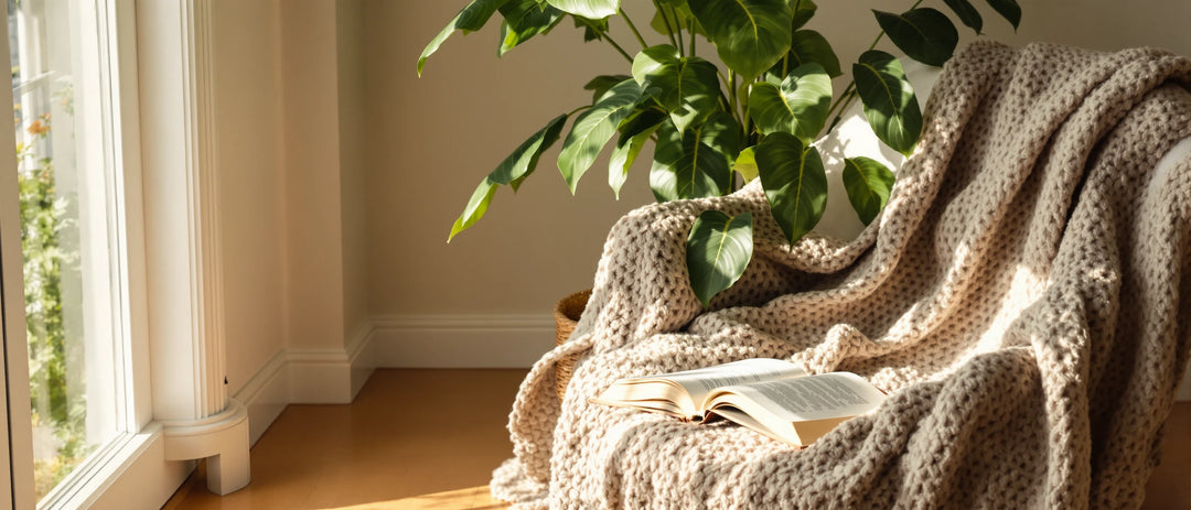 Lesesessel mit Strickdecke, aufgeschlagenem Buch und Zimmerpflanze, CBD Entspannung