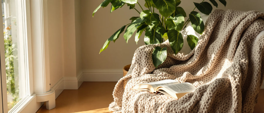 Lesesessel mit Strickdecke, aufgeschlagenem Buch und Zimmerpflanze, CBD Entspannung