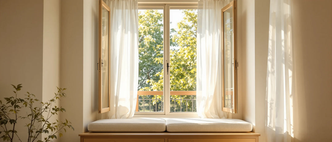 Offenes Fenster mit weißem Vorhang und Sitzbank im Sonnenlicht, CBD gegen Panikattacken