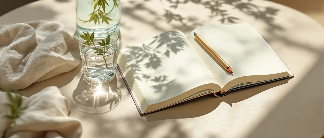 Glas Wasser, leeres Notizbuch und Bleistift auf einem hellen Tisch, CBD Nebenwirkungen