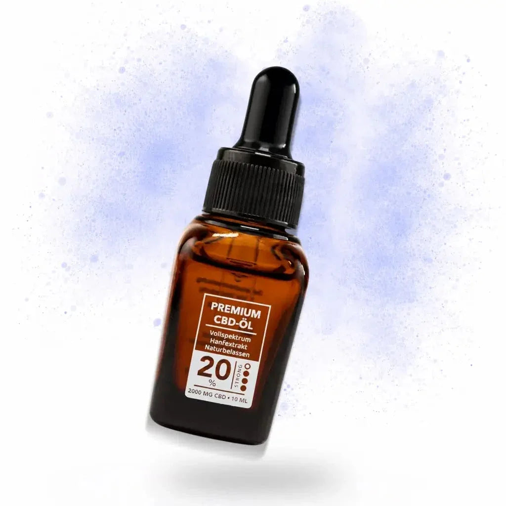 Pipettenflasche CBD Öl mit 20 Prozent vor lila Pulverwolke, Wie viele Tropfen sind 1 ml