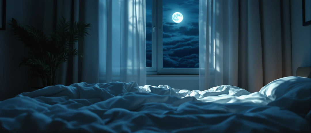 Schlafzimmer bei Nacht mit Mondlicht auf weißer Bettwäsche, CBD bei Schlafstörungen