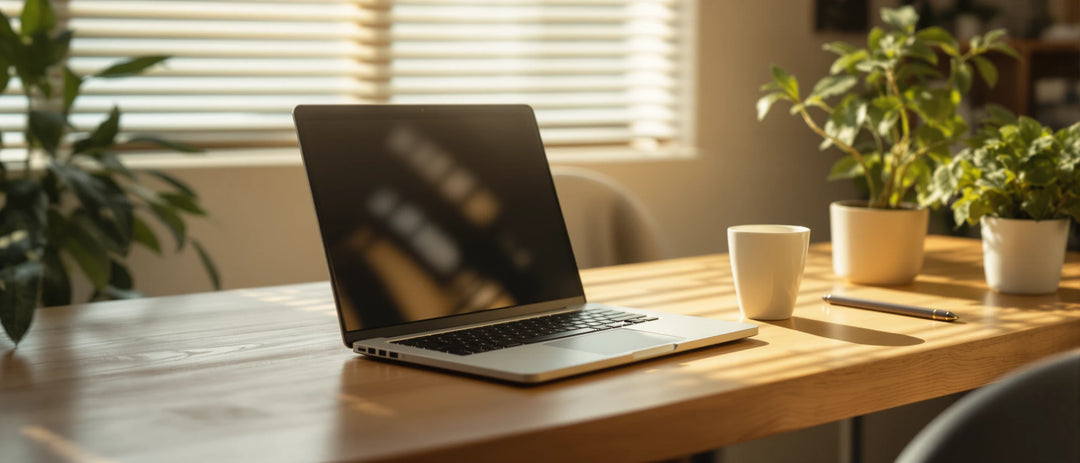 Aufgeräumter Schreibtisch mit zugeklapptem Laptop, Pflanze und Tee, CBD bei Stress