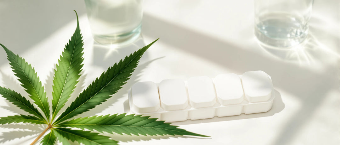 Wochendosierer, Glas Wasser und Hanfblatt auf einer hellen Fläche, CBD Wechselwirkungen mit Medikamenten