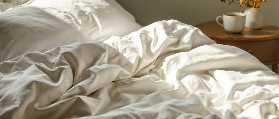 Weiße Leinenbettwäsche im Morgenlicht, Kaffeetassen auf dem Nachttisch, CBD Wirkung Sexualität