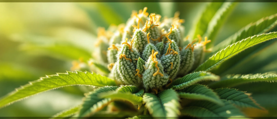 Nahaufnahme einer Hanfblüte mit Trichomen und orangen Blütenhaaren, Entourage Effekt