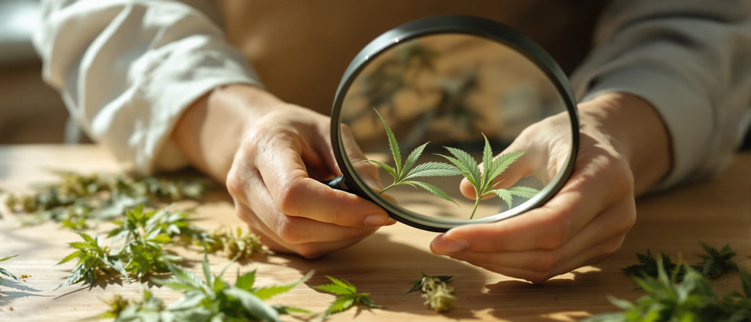 Hände prüfen ein Hanfblatt mit einer großen Lupe, Ist CBD schädlich