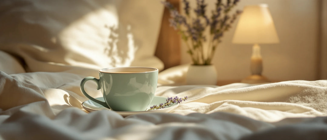 Nachttisch mit Kamillentee, Lavendelzweig und warmer Lampe, Natürliche Einschlafhilfe