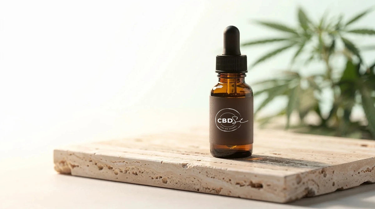 CBD Öl von CBDSÍ: Flasche mit Logo auf Travertin vor Hanfpflanze