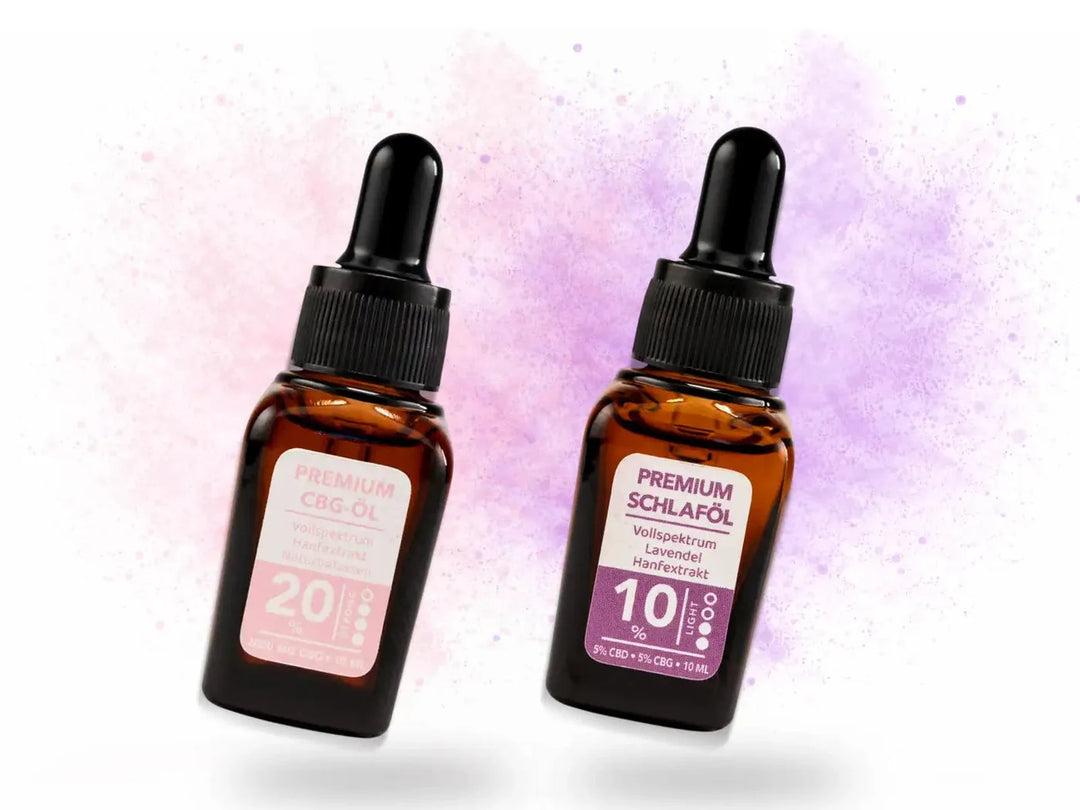 CBDSÍ Day und Night Set: CBG Öl 20 Prozent und CBD Schlaföl 10 Prozent nebeneinander